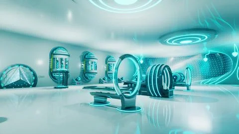 A futuristic laboratory with vibrant blue lights illuminating the white plast Stock Illustration