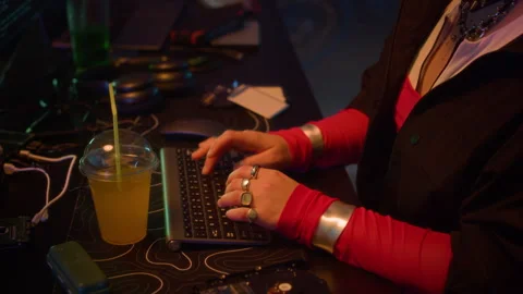 Futuristic Lady Hacking on Computer in Cyberpunk Dark Room Stock Footage 327632599