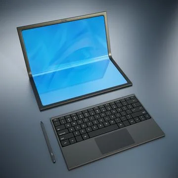 Futuristic laptop computer with foldable screen and pen. 3D illustration Stock-Illustration