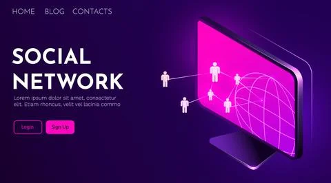 Futuristic Laptop computer with people grid. Social media and marketing concept. Stock Illustration