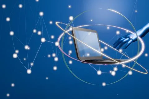 A futuristic laptop surrounded by digital elements, symbolizing technology Stock Illustration