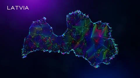 Futuristic Latvia Map Polygonal Connected Lines And Dots Network Wireframe  イラスト素材