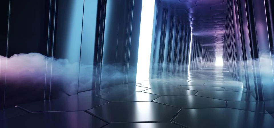 Futuristic Led Glowing Reflection Tunnel Room With Smoke And Fog Empty Space  Illustrazione stock
