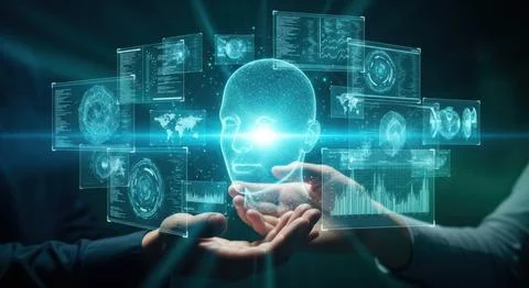 Futuristic light bulb idea glowing with digital network data in modern tech.. Stock Illustration