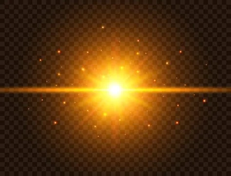 Futuristic light on transparent background. Gold star burst with beams and sp Stock Illustration