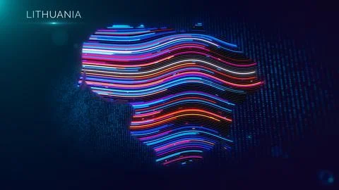 Futuristic Lithuania Map with Vibrant Neon Lines and Label Stock Illustration