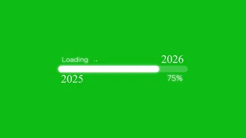 Futuristic loading bar transitioning from 2025 to 2026 with percentage indicator Видео 321410138