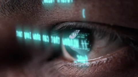 Futuristic Look of Smart Man on Tech AR Hologram Code Close up Stock Footage 170358718