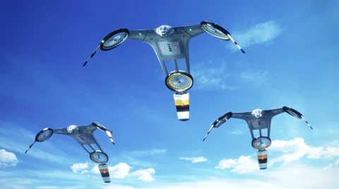 Futuristic looking drones hovering on the sky Stock Footage 62597005