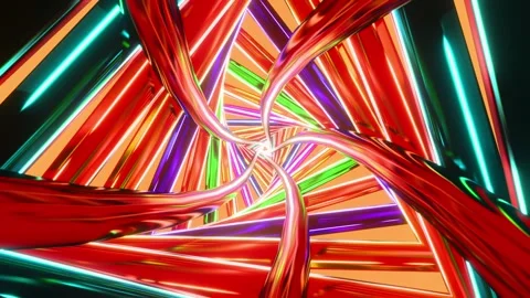 Futuristic loop of flying through a vibrant neon triangular tunnel with colorful Video stock 337184963