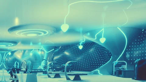 Futuristic Lounge With Glowing Elements in a Vibrant Cityscape Stock Footage 348765479