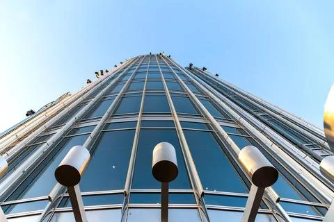 Futuristic low angle view of Burj Khalifa facade in Dubai 스톡 사진