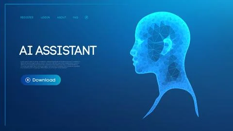 Futuristic low poly AI assistant design with a digital human head silhouette on Stock Illustration
