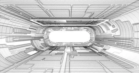 Futuristic low poly sci-fi laboratory or spaceship corridor with neon light.. Stock Illustration