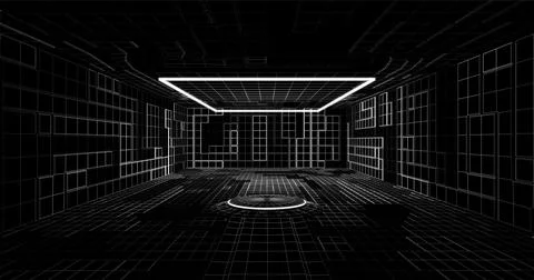 Futuristic low poly sci-fi laboratory or spaceship corridor with neon light.. Stock Illustration