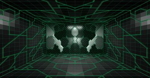 Futuristic low poly sci-fi laboratory or spaceship corridor with neon light.. Stock Illustration