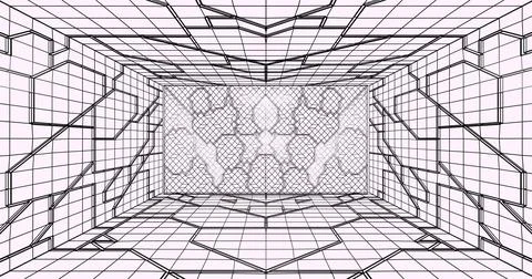 Futuristic low poly sci-fi laboratory or spaceship corridor with neon light.. Stock Illustration