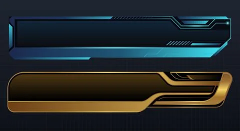 Futuristic lower third banner set with glowing blue and metallic gold sci f.. Ilustração Stock