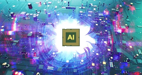 Futuristic machine learning chip with glowing AI text and sparks. Stock Footage 337193360