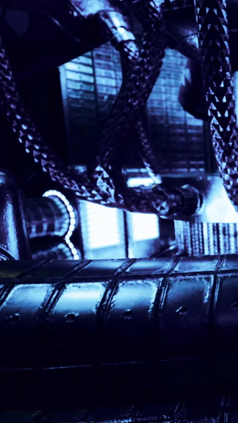 Futuristic machinery glows in blue tones within a modern industrial setting Stock Footage 334245963