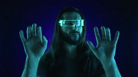 Futuristic Man in Augmented Reality Glasses Typing on Virtual Keyboard Stock Footage 268587506