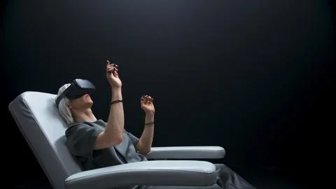 Futuristic man pushing virtual buttons closeup. Male person touching interface Foto stock