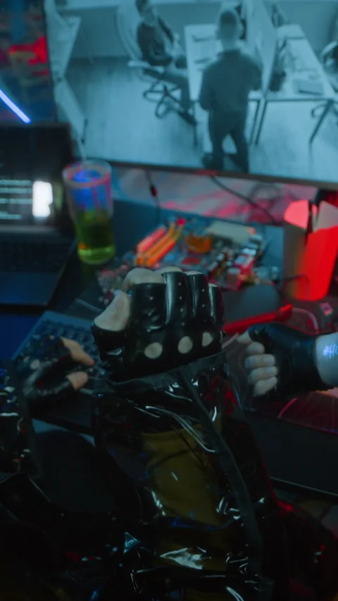 Futuristic Man Scanning Code on Arm of Person when Monitoring CCTV Screen Stock Footage 327632728