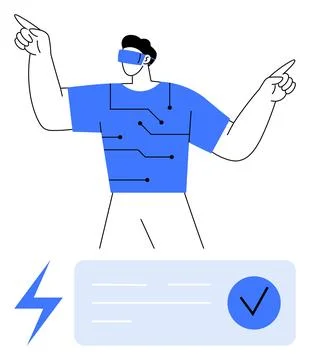 Futuristic Man in VR Gear Interacting with Digital Interface Amidst Tech El.. Stock Illustration