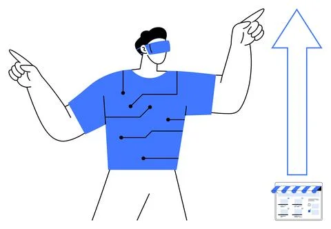 Futuristic Man with VR Headset Navigating Technology and Online Growth Concep 스톡 일러스트