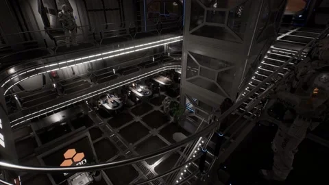 Futuristic Mars colony interior secured by space soldiers Stock Footage 146143005