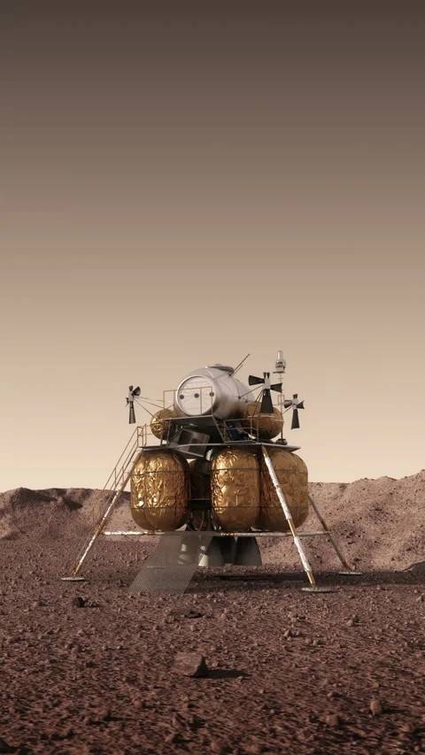 Futuristic Mars lander resting on the Martian surface Stock Footage 341346217