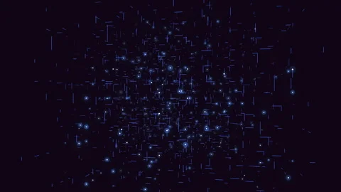 Futuristic matrix cube with blue grid and dots in galaxy Stock Footage 195549327
