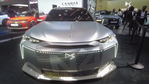 Futuristic matte silver ds concept car commands attention intricate illuminated Stock Footage 328206053
