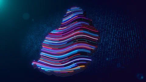Futuristic Mauritius Map with Vibrant Neon Wavy Lines and Digital Grid Stockillustratie