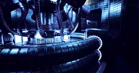 Futuristic mechanical chamber with intricate chains and glowing elements Stock Footage 314955051