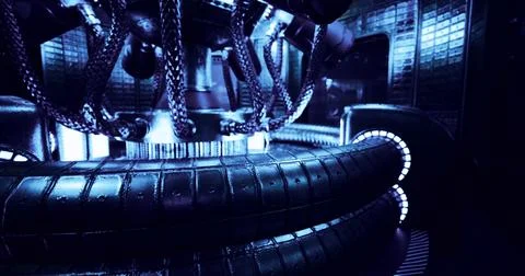 Futuristic mechanical chamber with intricate chains and glowing elements Stock Illustration