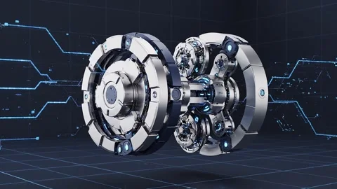 Futuristic mechanical device assembling with glowing blue energy 스톡 동영상 342094483