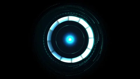 Futuristic mechanical eye glowing with bright blue light over dark backgrou.. Vidéo 345897337