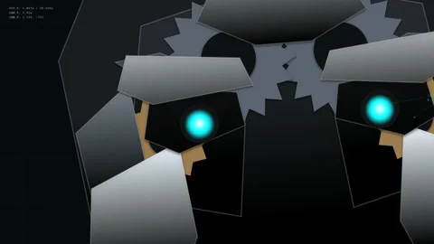 Futuristic Mechanical Robot Face With Glowing Eyes And HUD Elements Stock Footage 340541585