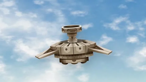 Futuristic Mechanical Spacecraft Floating Against a Blue Cloudy Sky Background Stock Footage 346569194
