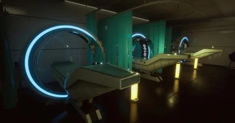 Futuristic medical facility with high tech exam pods and ambient light Ilustración de archivo