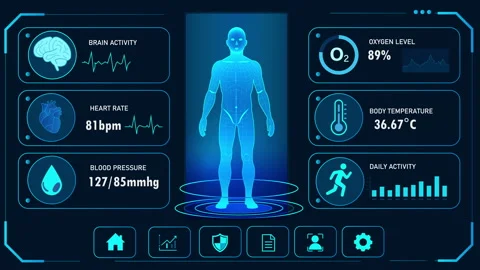 Futuristic medical HUD interface showing  full 3D body scan  vital signs data. Video stock 341905206