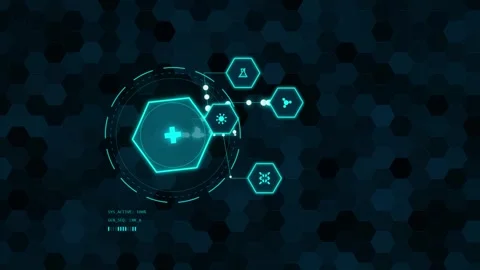 Futuristic medical interface with rotating hexagonal nodes on a dark digita.. 動画素材 344309486
