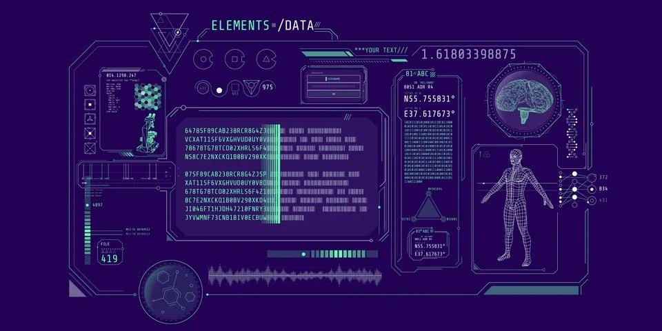 Futuristic medical research program interface with data decoding. Stockillustratie