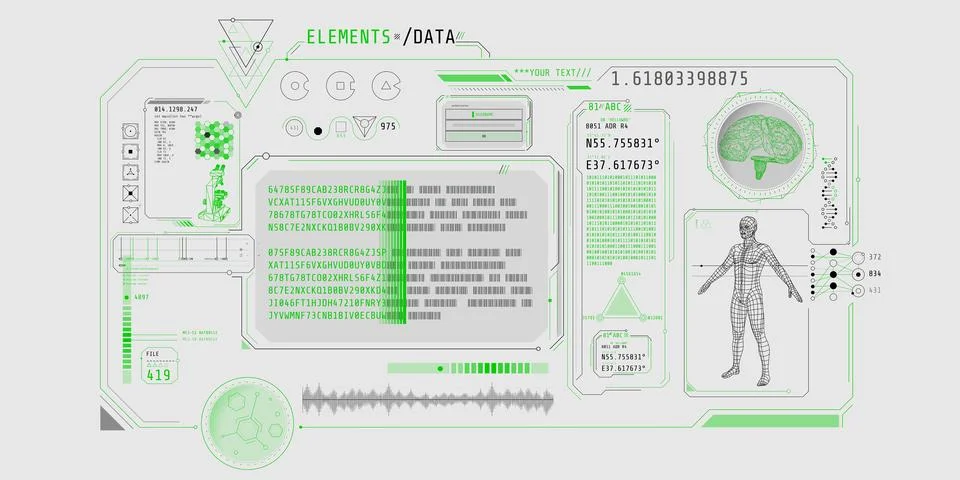 Futuristic medical research program interface with data decoding. 스톡 일러스트