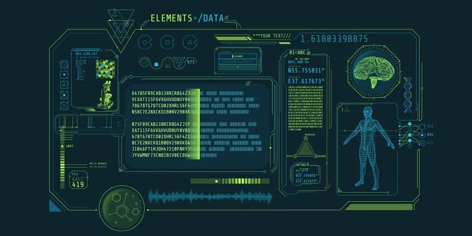 Futuristic medical research program interface with data decoding. 스톡 일러스트