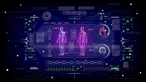 Futuristic medical visualization program showing man and woman x-ray anatomy wit Stock Footage 315283577