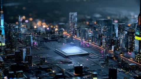 Futuristic megacity built from microchips and circuits. A digital world Video stock 315960468
