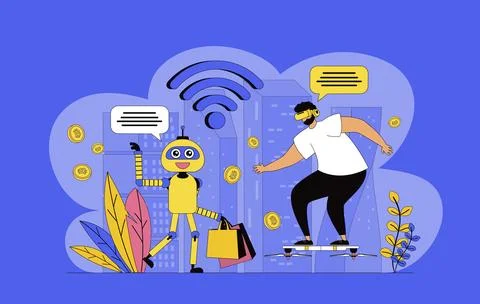 Futuristic megalopolis concept with modern flat design for web. Man using vr  Stock Illustration