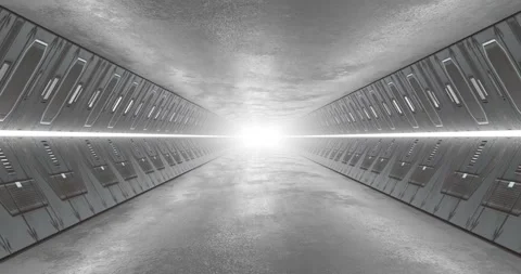Futuristic metal corridor with bright light at the end 3d loop animation Stock Footage 330378897
